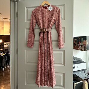 Rust + Creme Long Sleeve Ditsy Floral Print Midi Dress - Never Worn!